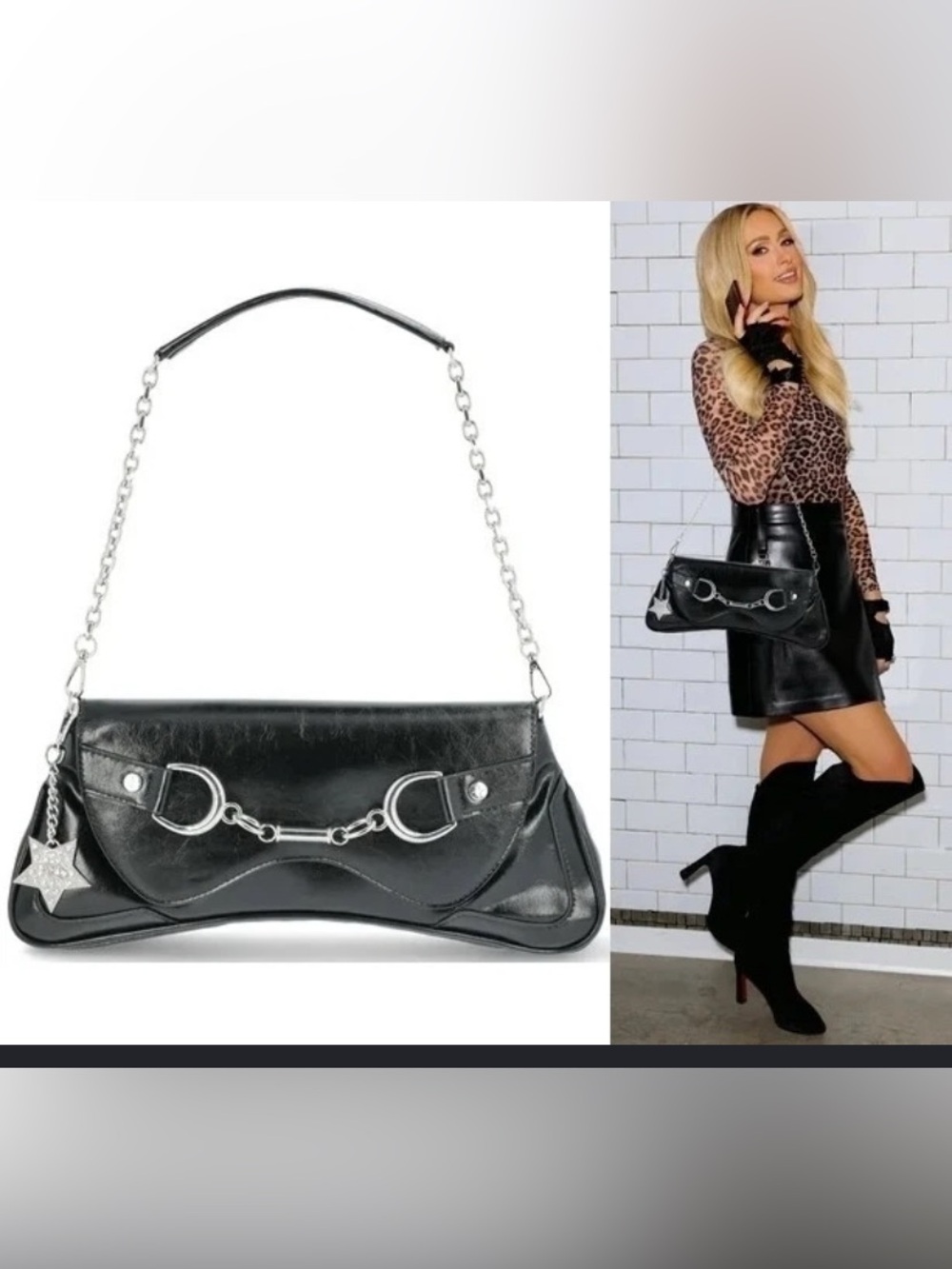 NWOT Paris Hilton Rider Black Leather Baguette Shoulder Bag